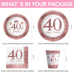 40th Birthday Decorations Women Tableware, Rose Gold 40 And Fabulous Decorations