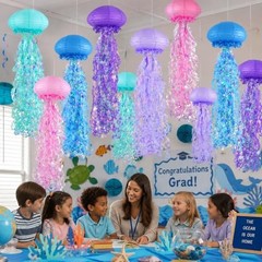 6-Pack Jellyfish Paper Lanterns, Blue Purple Pink Under The Sea Muti Color