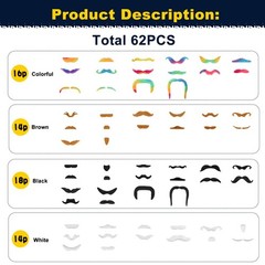 62PCS Fake Mustache, 18 Designs Self-Adhesive Fake Mustaches, Novelty Hairy F…