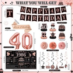40th Birthday Decorations for Women, Rose Gold 1986 Happy