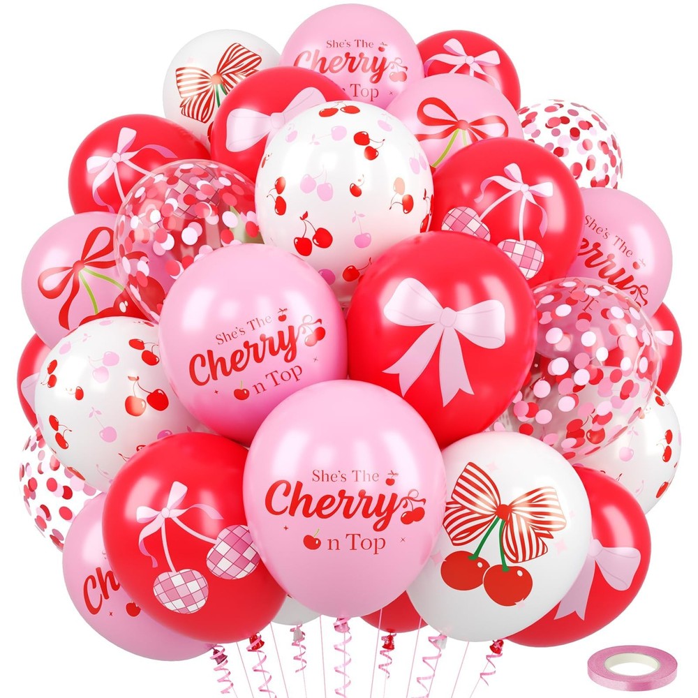 Cherry Balloons,Red Pink Balloons Bow Print Helium Balloon for Bridal Shower …