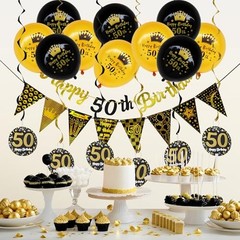 50th Birthday Decorations Kit for Men Women, Black and Gold Black Gold 50th