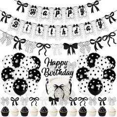 Bow Happy Banner Decorations,Cute Black and White Polka Dot Theme Brithday De…