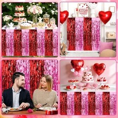 Red Pink Foil Fringe Table Skirts, 4 Pack 108 x 30 inch, Festive Tinsel Table…
