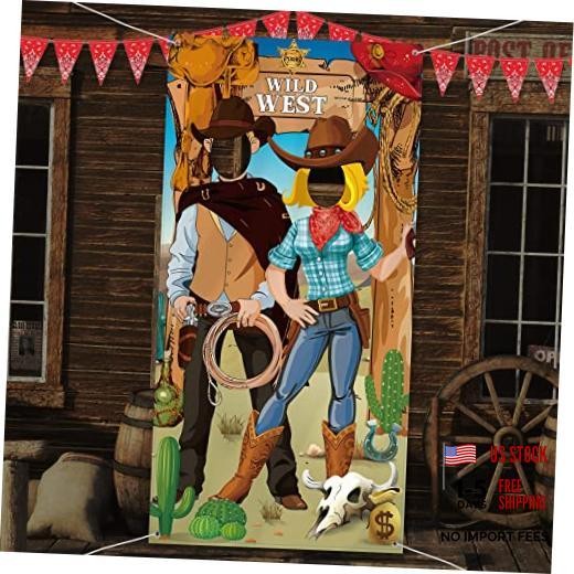 Western Cowboy Photo Booth Backdrop 6 x 3 ft, 2-Person Face Cutout Wild West
