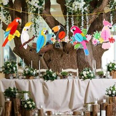 6x Tropical Birds Hanging Parrot Paper Honeycomb Hawaiian Party Bar Wall Decor