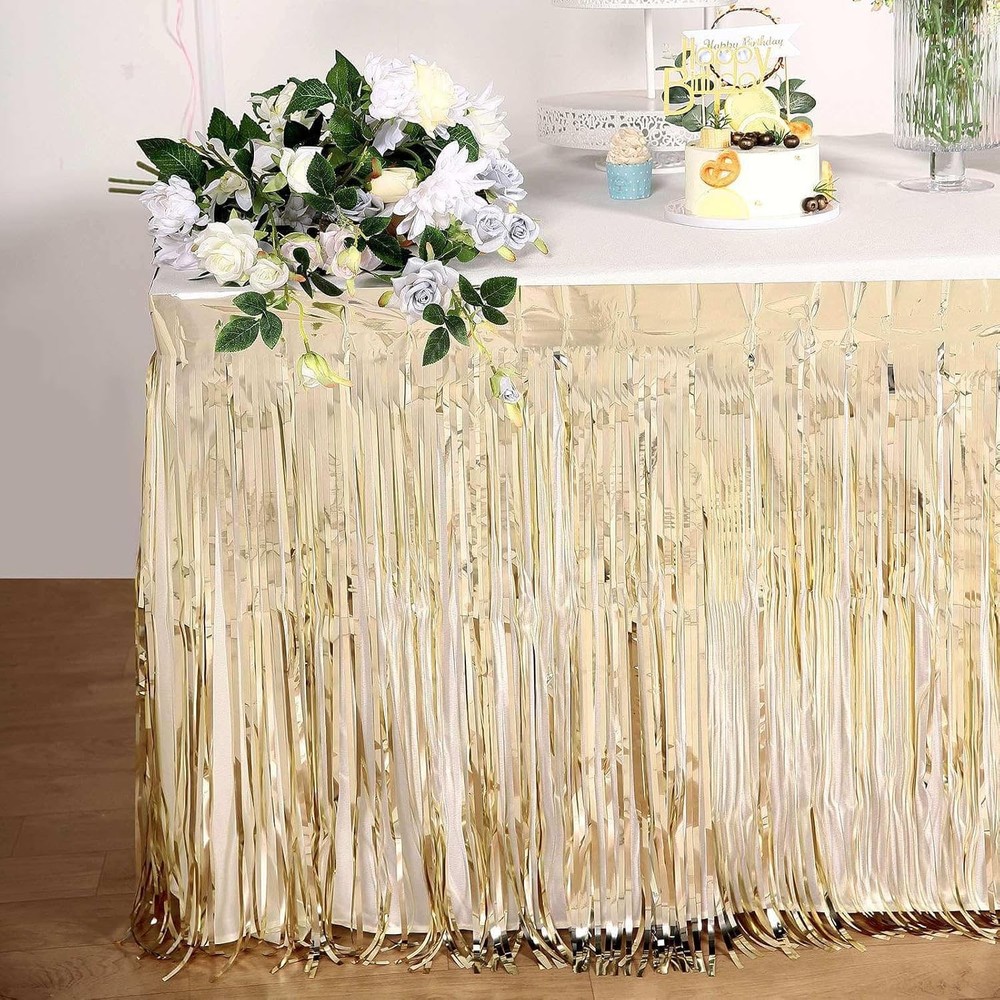 Efavormart 30″ x 9ft Metallic Foil Fringe Table Skirt, Self-Adhesive Party Table