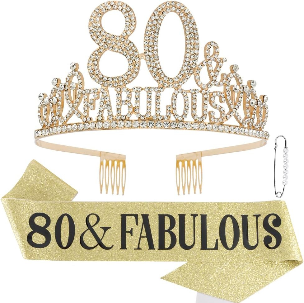 80Th Birthday Decorations for Women – Set of 80 & Fabulous Crown Tiara, Sash