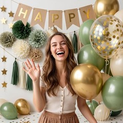 Sage Green Happy Birthday Party Decorations Retro Green Nude Ivory Dark Olive…