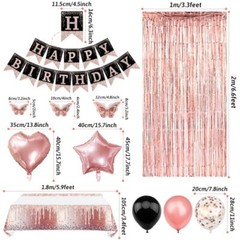 Birthday Party Decorations for Women, Rose Gold Black Happy Birthday Banner T…