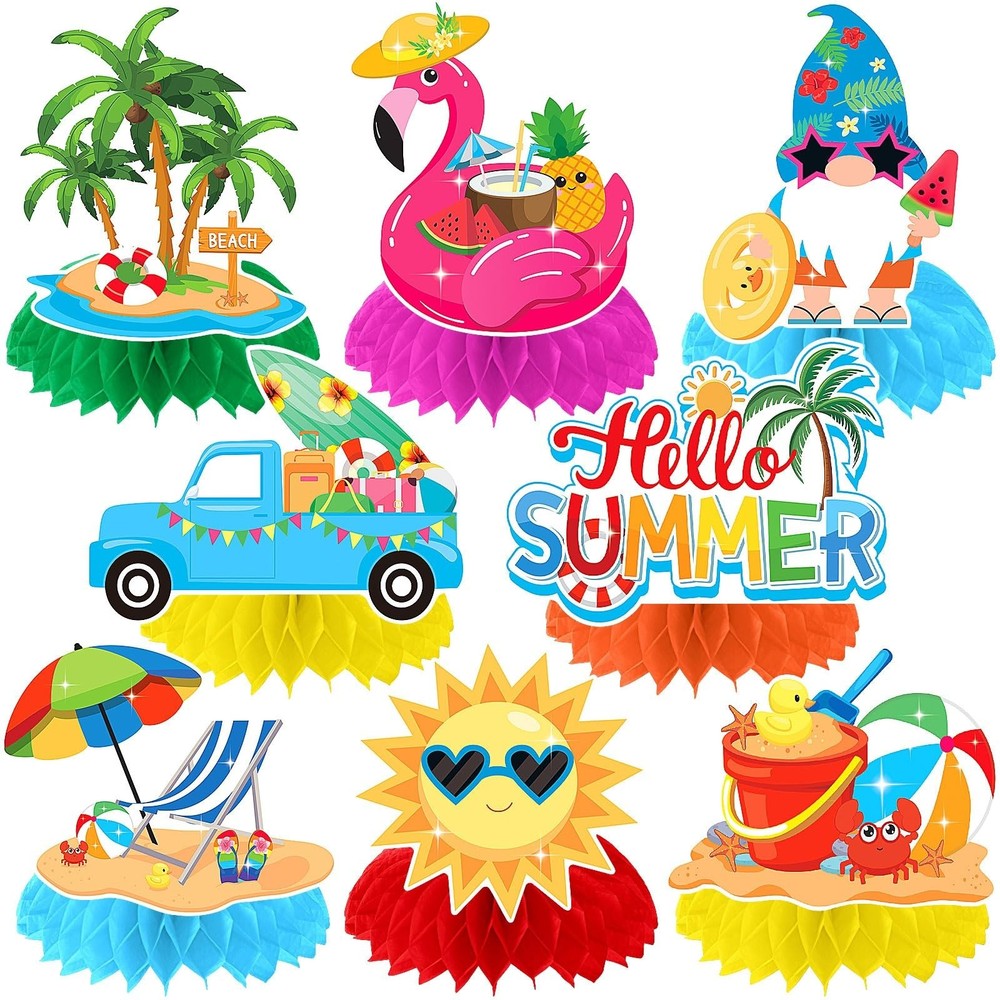 8PCS Summer Beach Pool Party Decorations, Honeycomb Centerpieces