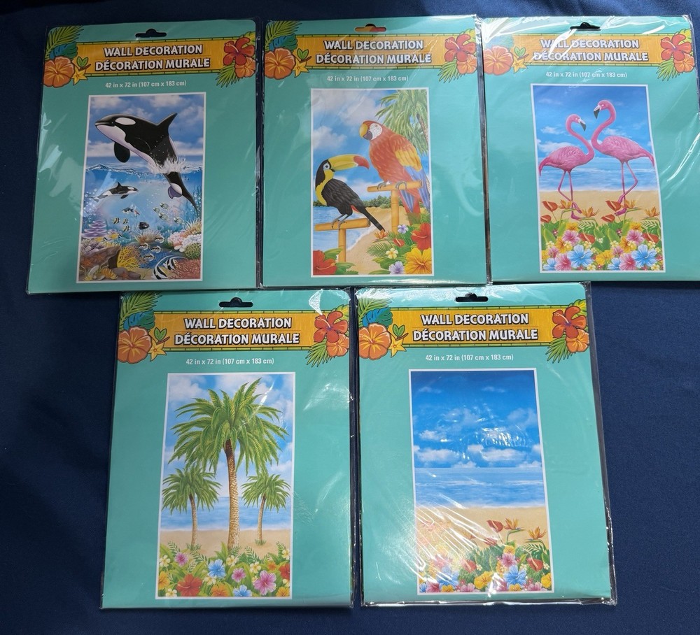 5 Luau Hawaiian Theme Wall Decor – Whale,Parrots,Flamingos,Palm Trees, & Beach
