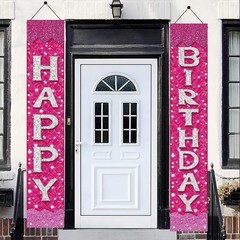 2PCS Happy Hanging Banner Porch Sign Pink Glitter Silver Letter Door Banner D…