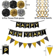 Happy New Year Set Black Banner with Gold Black Paper Flag Bunting Swirl Streame