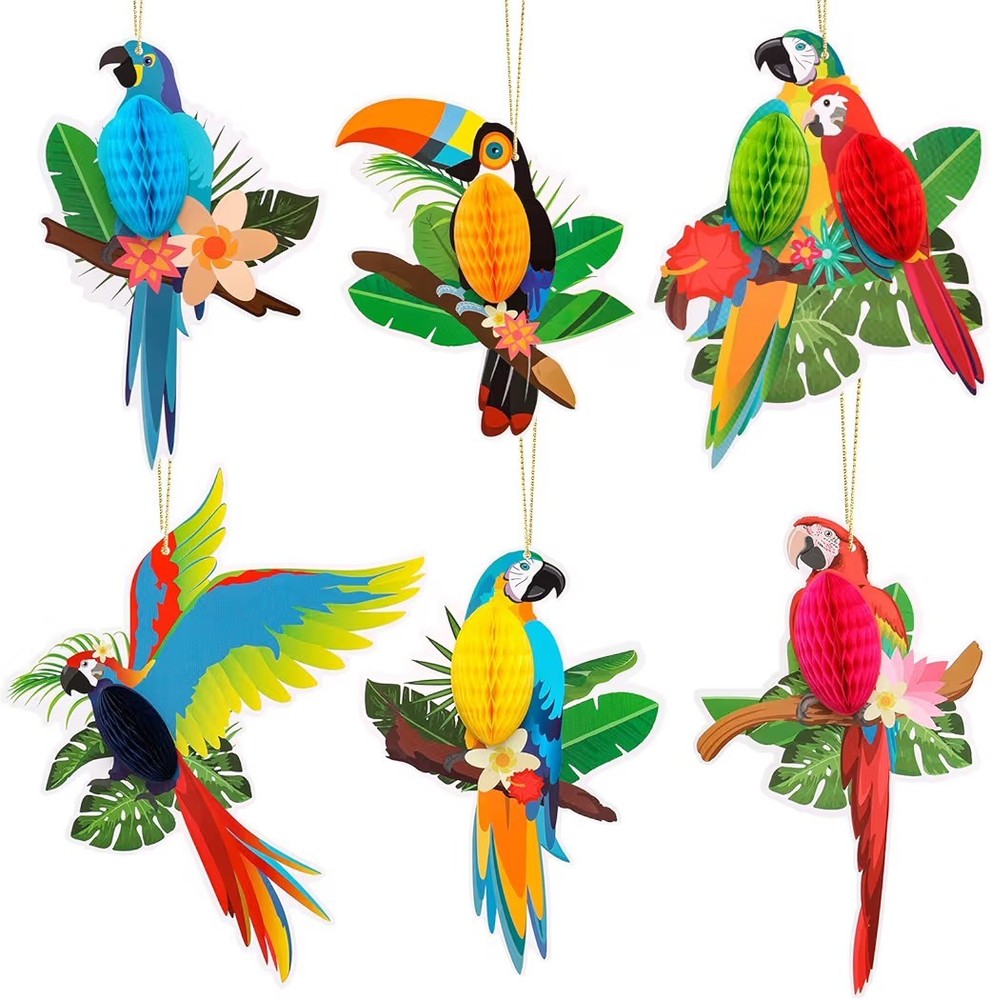 6 Pieces Tropical Birds Parrot Honeycomb Cutouts – Hawaiian Luau Tropical Party