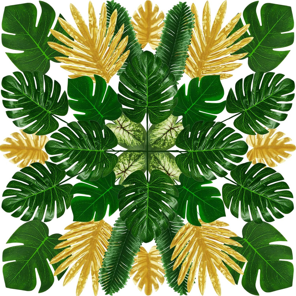 Tropical Party Decorations, 50 Pieces 7 Kinds Artificial Palm Leaves Green and G