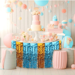 2 Pack Tinsel Foil Fringe Table Skirt, 108.3 x 29.5” Blue Orange Wavy Party
