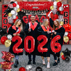 Party Spot！125 PCS Red and Black Graduation Party Decorations, 2026 Graduation P