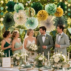 Sage Green Gold Party Decorations, Fans Honeycomb Balls Circle Garlands for G…