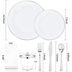 SUT 175 Piece Silver and White Plastic Dinnerware Set for 25 Guests, Disposab…