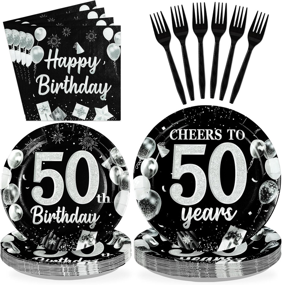 96Pcs 50Th Black and Silver Birthday Party Supplies Cheers to 50 Years Party Pla