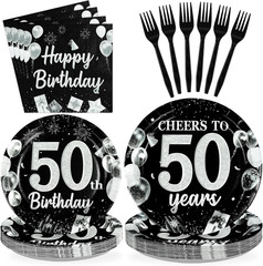 96Pcs 50Th Black and Silver Birthday Party Supplies Cheers to 50 Years Party Pla