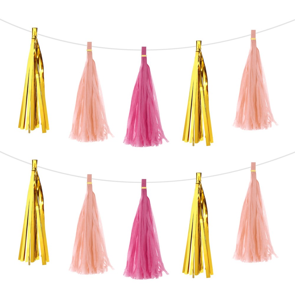 30Pcs Bright Gold, Rose Red, Light Pink Tassel Garland Banner with Rope