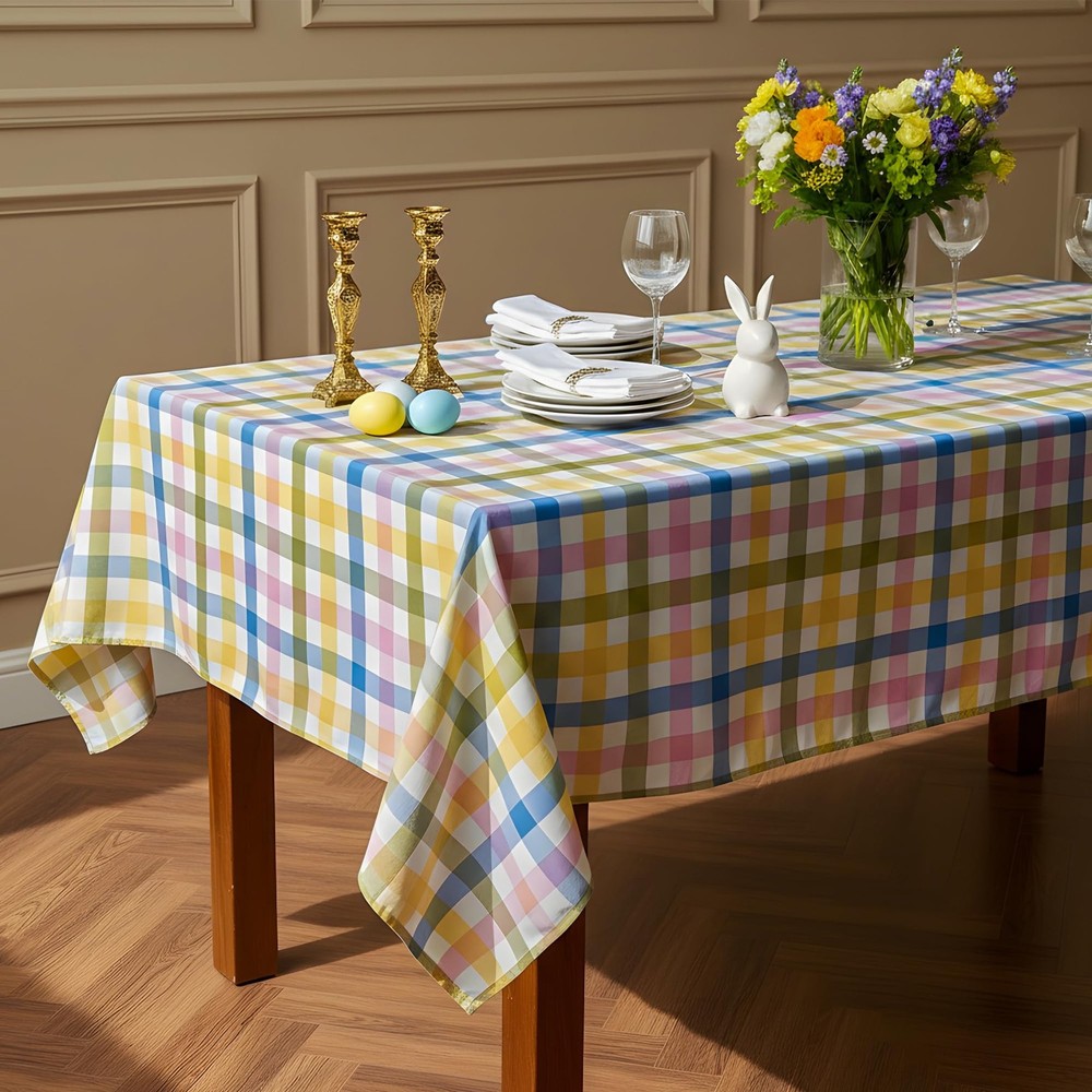 LOSIVISHE Easter Waterproof Polyester Tablecloth, Pastel Checkered Fabric Table