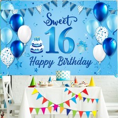 Blulu Happy 16th Birthday Decorations for Boys Girls Extra 185 x 110 cm, blue