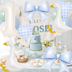 Silly Goose 1st Party Decorations – 7 Pcs Goose Balloons & Blue Bow Set – 40”…