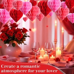 60 PCS Heart Honeycomb Party Decorations Red Pink White Tissue Paper Pom Poms