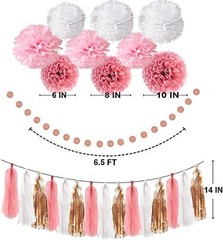4-in-1 Rose Gold Glittery Party Decor: Banner, Poms, Circle & Tassel Garlands