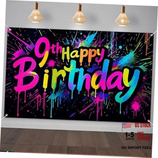 9th Happy Birthday Party Banner 71 x 43 Inches Rainbow Neon Happy Birthday 9th