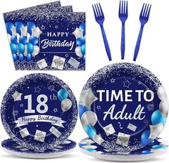 Time to Adult! 96 Pcs Blue & Silver 18th Birthday Tableware for Boys and Girls