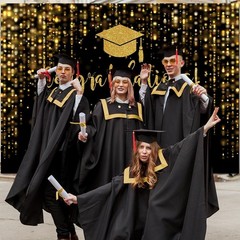 Elegant 2026 Graduation Backdrop – Black Gold Glitter Bokeh, 7x5ft Perfect fo…