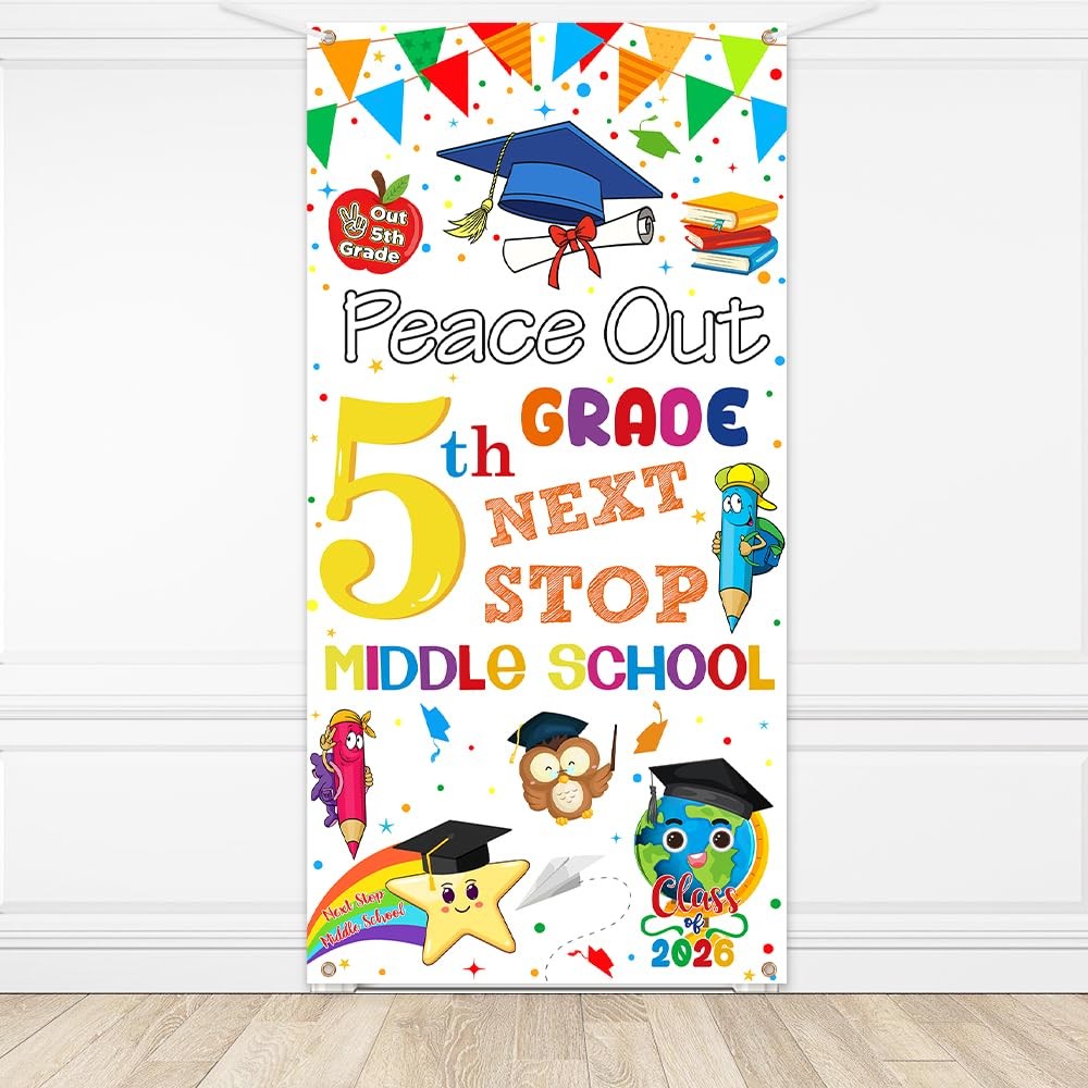 5TH Grade Graduation Decorations 2026, 5TH Grade Graduate Door Cover, White Peac