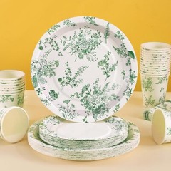 Green Floral Disposable Party Tableware Set (Plates, Cups, Napkins, Utensils)