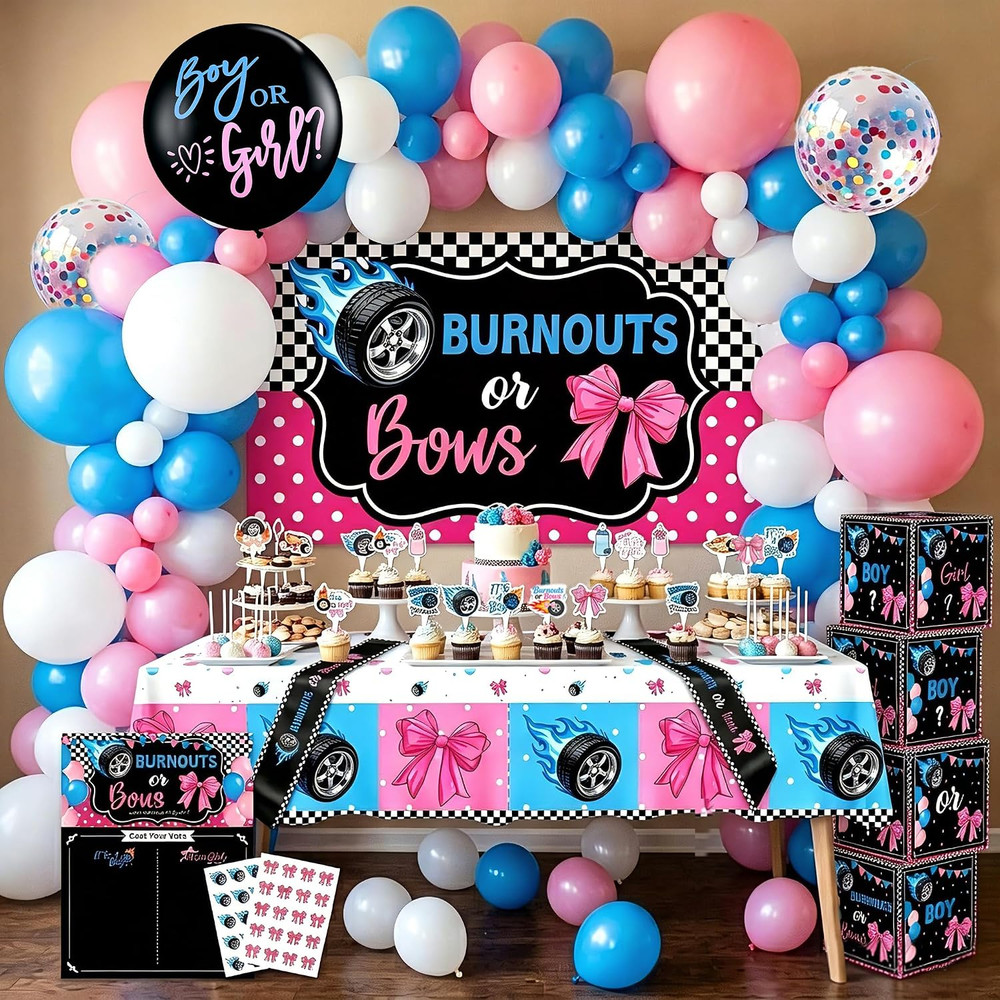 Burnouts or Bows Gender Reveal Decorations, Boy or Girl Gender Reveal Party Deco