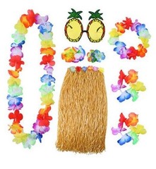 8 Pieces Grass Skirt Sunglasses Leis Necklace Bracelet Set Hawaiian Style a