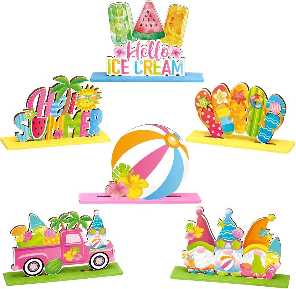 6 Pcs Hello Summer Table Decorations Sign Summer Gnome Wooden Table Centerpieces