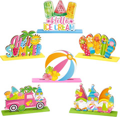 6 Pcs Hello Summer Table Decorations Sign Summer Gnome Wooden Table Centerpieces