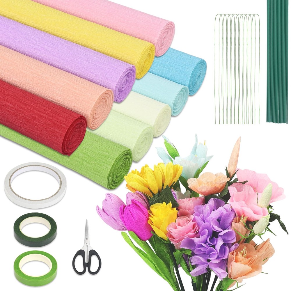 10 Rolls Crepe Paper Streamers 10 Rainbow Colors Floral Wire 9.8 x 98 Inch/Roll