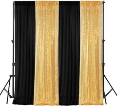 4-Panels Backdrop Curtains Set – Black Gold Sequin Chiffon