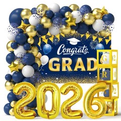 Navy Blue and Gold Graduation Balloons Garland Arch Kit with Backdrop GRAD Ba…
