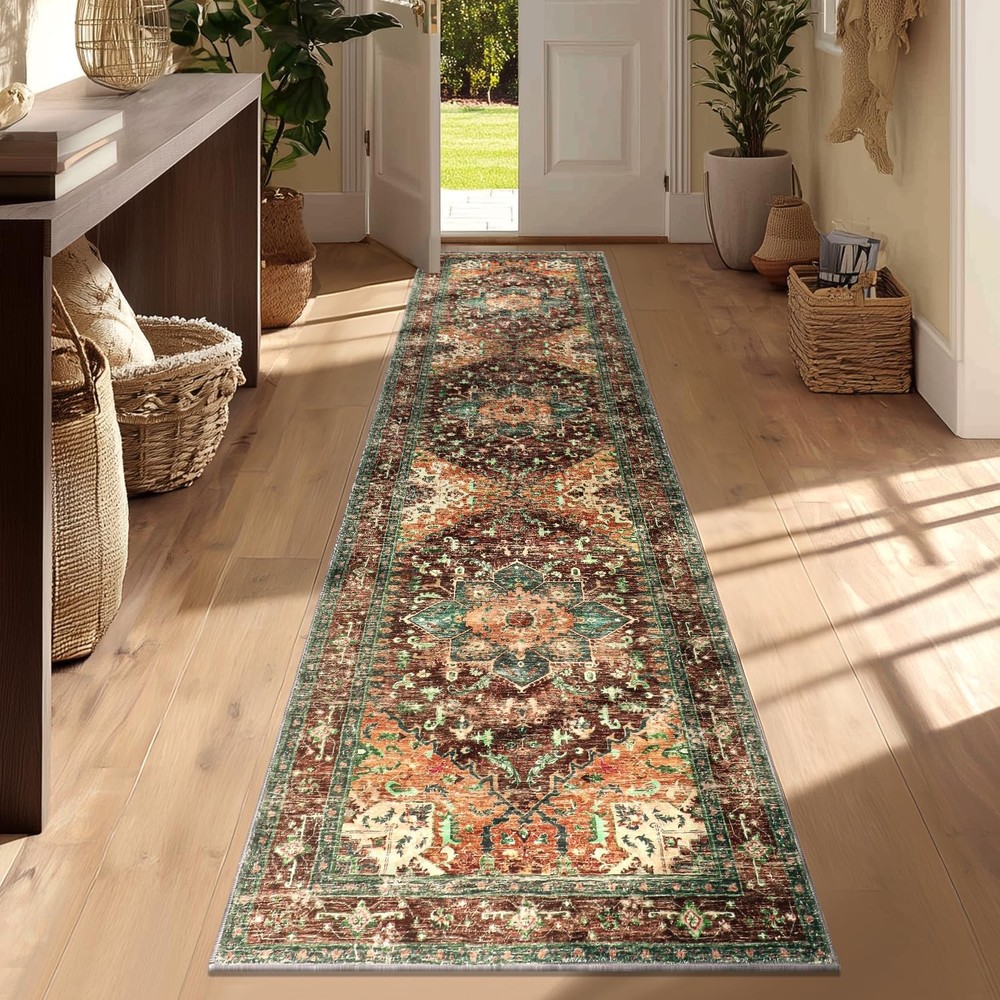 Yamaziot Washable Runner Rug, 2×8 Non-Slip Boho 2′ x 8′, Rust/Dull Teal