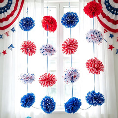 Red White and Blue Tissue Paper Pom Pom Garlands, Patriotic Decorations, Paper P