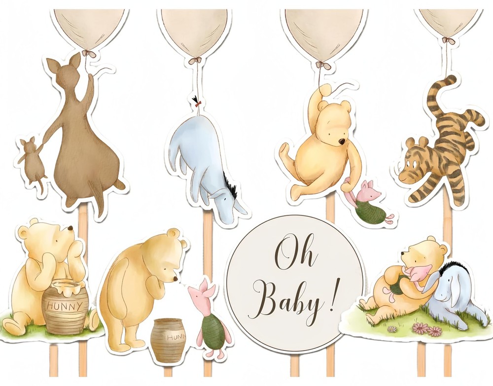 27 Pack Classic Winnie Centerpieces for Tables Pooh Toppers with Wooden Stick Oh