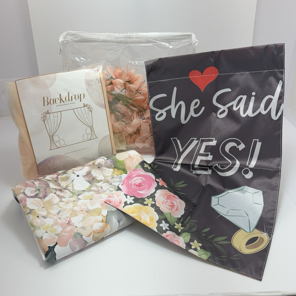 She Said Yes Bridal Shower Garden Flag, Back Drop, Lighted Curtains & Florals