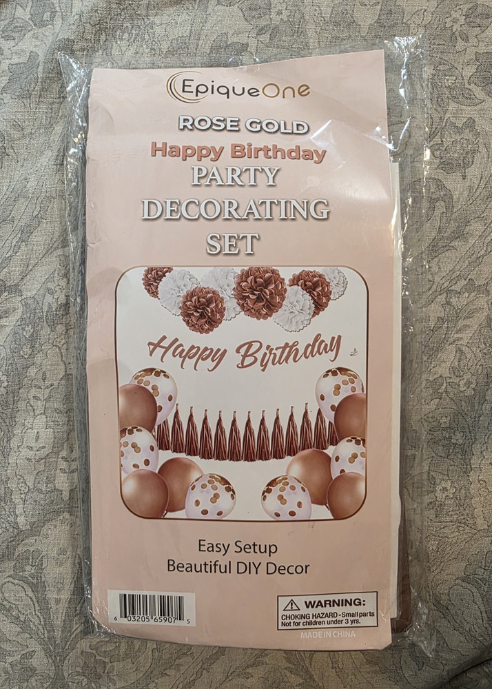 EpiqueOne Rose Gold Birthday Party Set with Balloons, Pom Poms, Banner