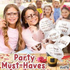 Premium Birthday Photo Booth Props Kit, 27 Pack of 27, White & Rose Gold
